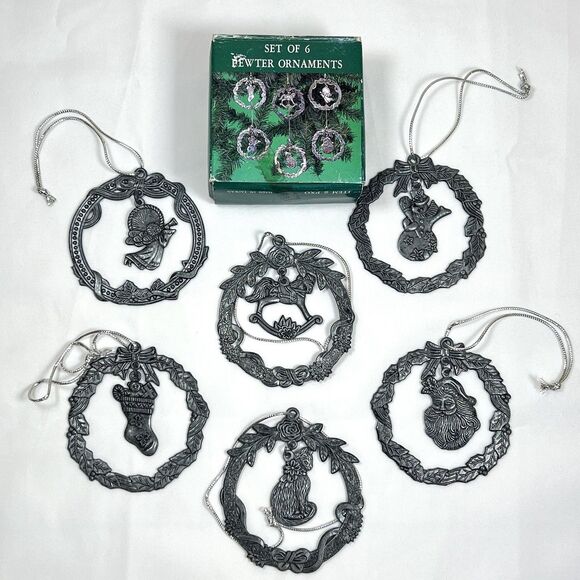 VTG Pewter Christmas Ornaments Set of 6 Dangling Cat Wreath Santa Angel Snowman - Picture 11 of 11